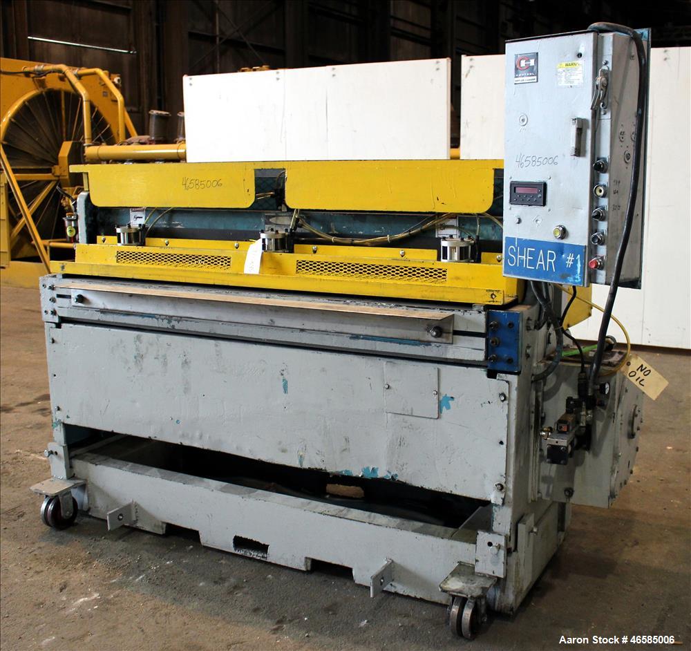 Used 72" Wide In-Line Shear. Driven by a approximate 5hp motor(no tag). Includes controls. Mounted on carbon steel frame.