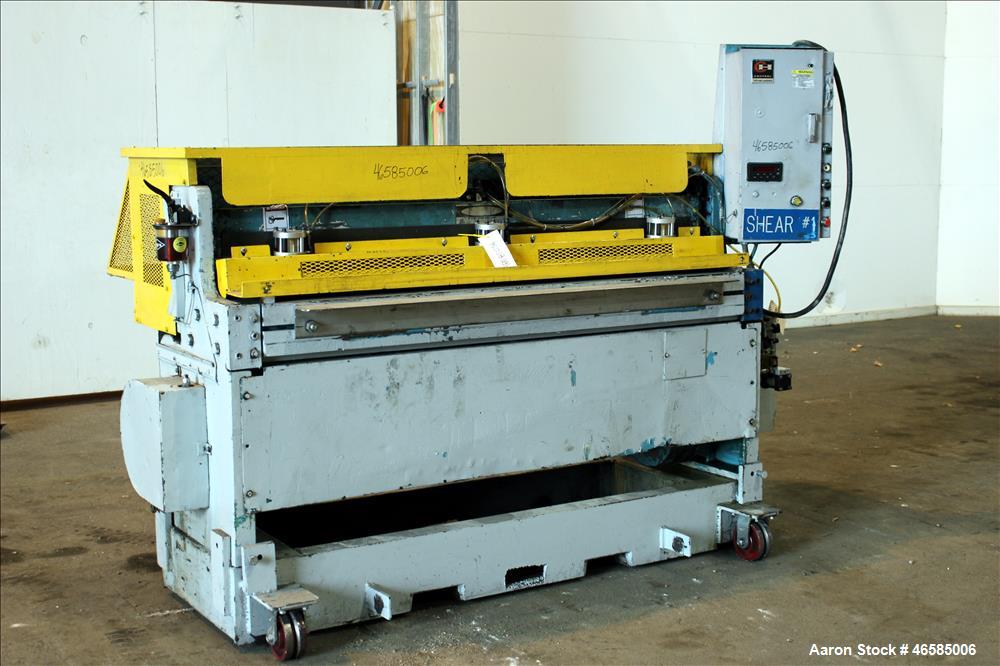 Used 72" Wide In-Line Shear. Driven by a approximate 5hp motor(no tag). Includes controls. Mounted on carbon steel frame.