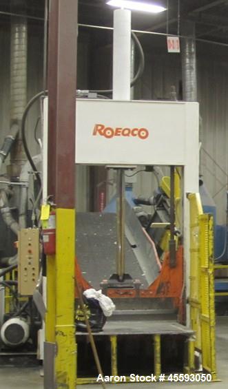 Used 1997 Roeqco model HS 115-54-148E guillotine cutter, 54" blade, 30 hp, 3/60/575 volts, 49 FLA, outfeed belt conveyor
