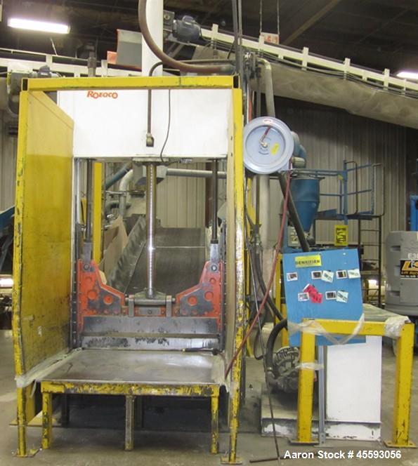 Used 1997 Roeqco model HS 115-54-148D guillotine cutter, 54" blade, 30 hp, 3/60/575 volts, 49 FLA, outfeed belt conveyor