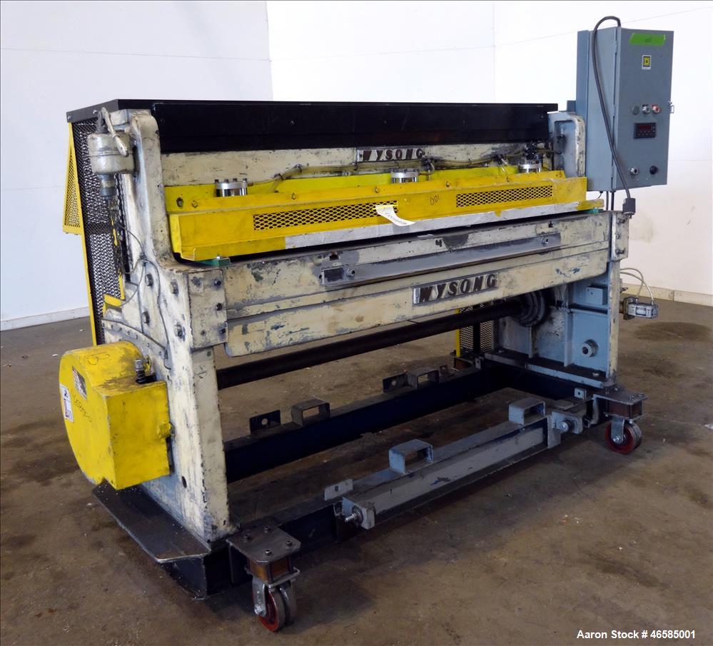 Used Wysong 72" Wide In-Line Shear. Driven by a 3 hp, 3/60/460 volt, 1775 rpm motor. Includes controls. Mount on carbon steel frame with casters.