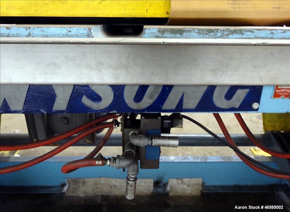 Used Wysong 72" Wide In-Line Shear. Pneumatically operated. Includes controls. Mounted on carbon steel frame with casters.
