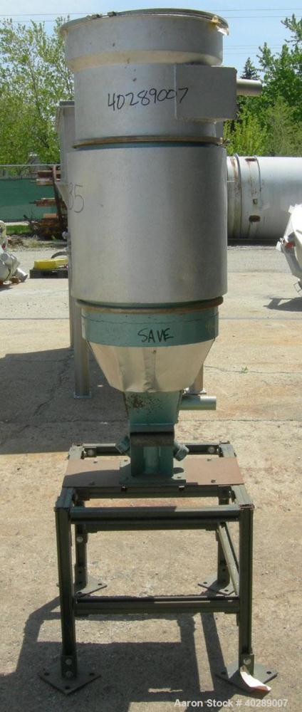 Used Insulated drying hopper, carbon steel. 18" diameter x 20" straight side x 15" top aluminum loading section with cover, coned bottom. Mounted on a stand.