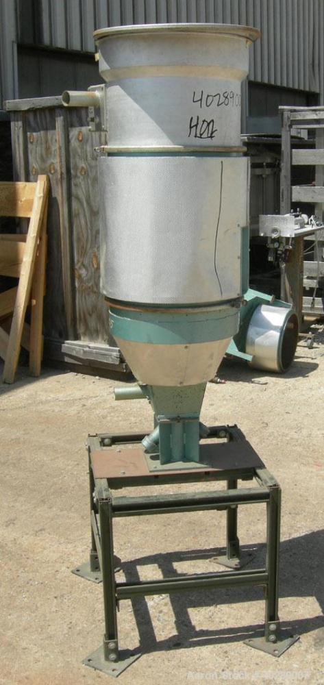 Used Insulated drying hopper, carbon steel. 18" diameter x 20" straight side x 15" top aluminum loading section with cover, coned bottom. Mounted on a stand.