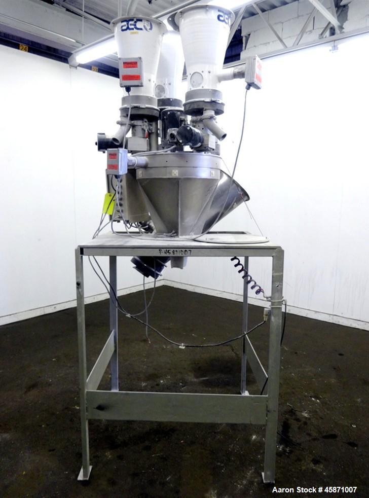 Used AEC (4) Component Colorblend Dosing Feeder, Model Synchrobln. (4) Rotating loading chambers, (1) main bottom hopper with a 6" bottom outlet. Includes a control panel with controllers. Mounted on...
