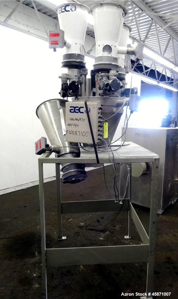 Used AEC (4) Component Colorblend Dosing Feeder, Model Synchrobln. (4) Rotating loading chambers, (1) main bottom hopper with a 6" bottom outlet. Includes a control panel with controllers. Mounted on...