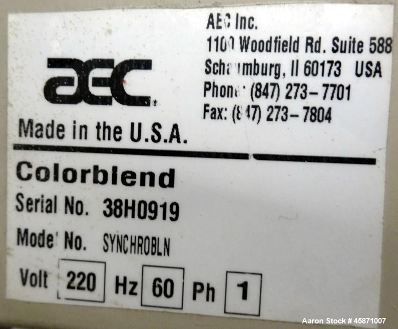 Used AEC (4) Component Colorblend Dosing Feeder, Model Synchrobln. (4) Rotating loading chambers, (1) main bottom hopper with a 6" bottom outlet. Includes a control panel with controllers. Mounted on...
