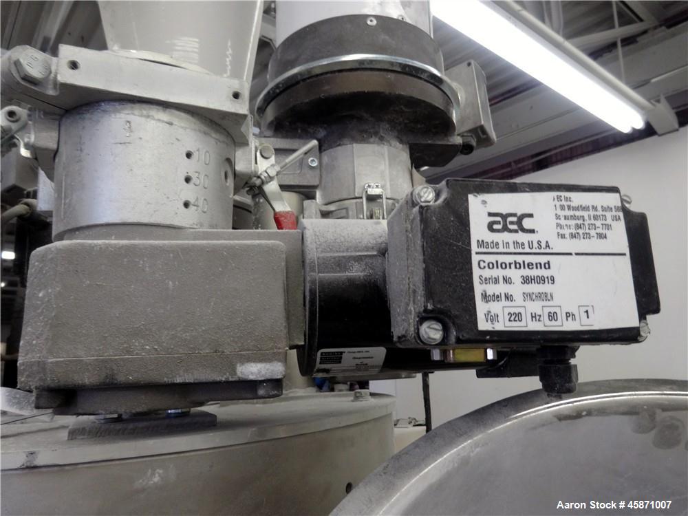 Used AEC (4) Component Colorblend Dosing Feeder, Model Synchrobln. (4) Rotating loading chambers, (1) main bottom hopper with a 6" bottom outlet. Includes a control panel with controllers. Mounted on...