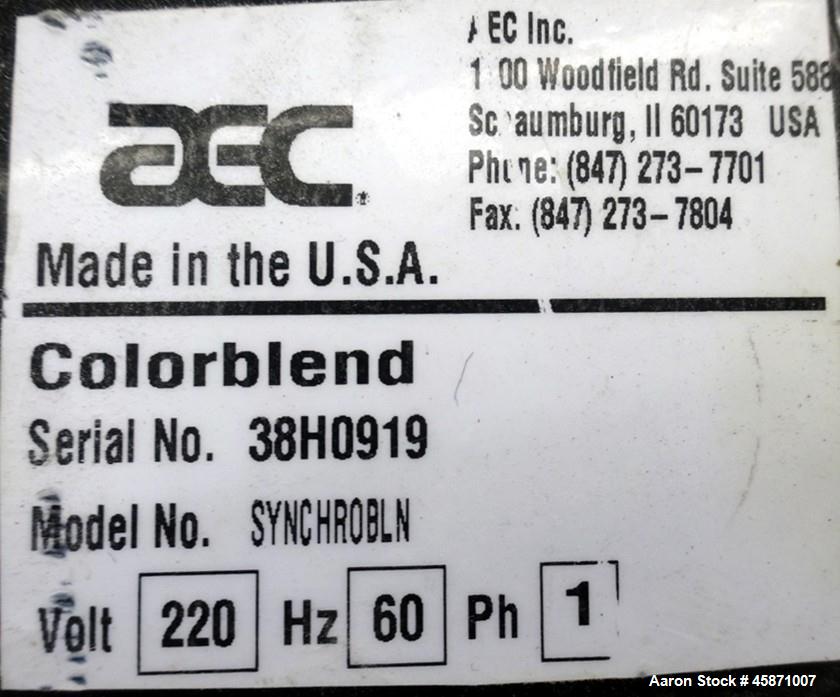 Used AEC (4) Component Colorblend Dosing Feeder, Model Synchrobln. (4) Rotating loading chambers, (1) main bottom hopper with a 6" bottom outlet. Includes a control panel with controllers. Mounted on...