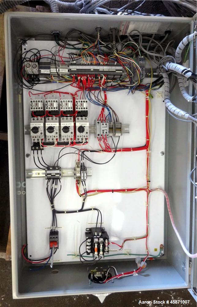 Used AEC (4) Component Colorblend Dosing Feeder, Model Synchrobln. (4) Rotating loading chambers, (1) main bottom hopper with a 6" bottom outlet. Includes a control panel with controllers. Mounted on...