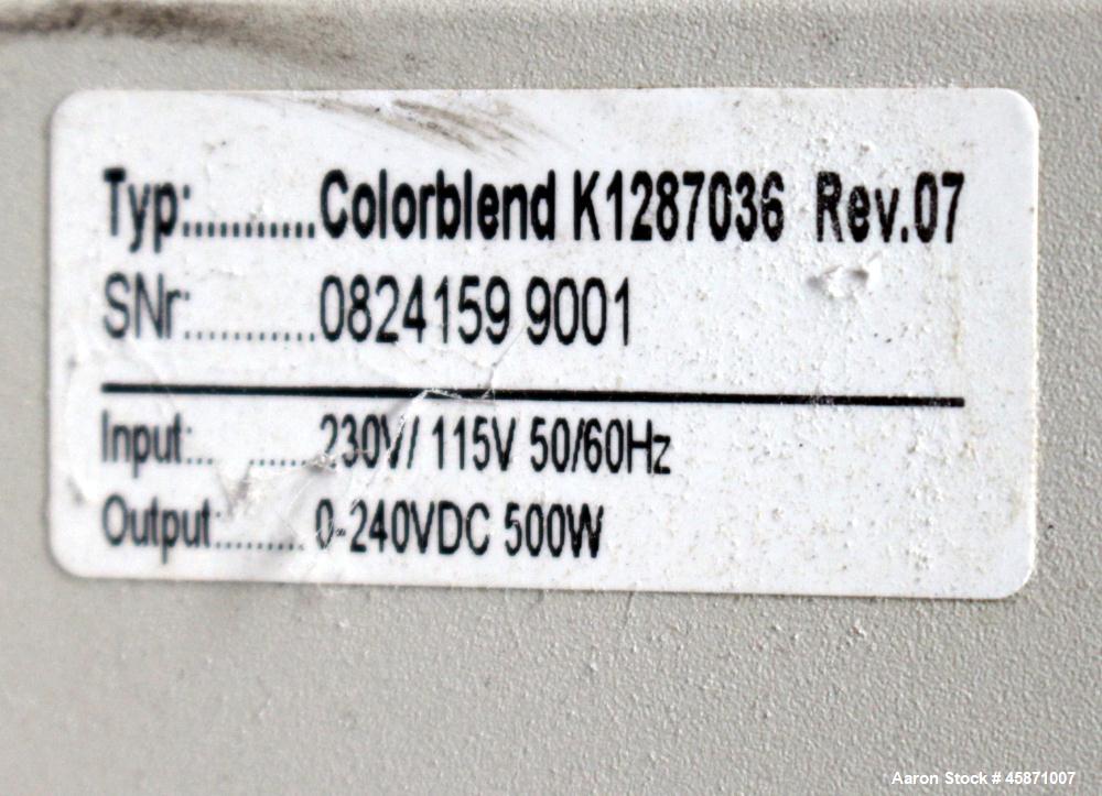 Used AEC (4) Component Colorblend Dosing Feeder, Model Synchrobln. (4) Rotating loading chambers, (1) main bottom hopper with a 6" bottom outlet. Includes a control panel with controllers. Mounted on...