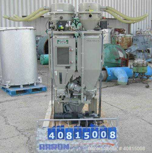 Used Conair 4 Color Blending System, Carbon Steel.  Each compartment has a top mounted vacuum loader.  Includes a Conair filter, 5 hp positive displacement blower, 1 stand, and a control panel.