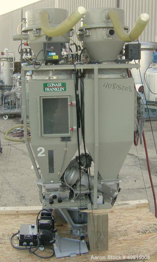 Used Conair 4 Color Blending System, Carbon Steel.  Each compartment has a top mounted vacuum loader.  Includes a Conair filter, 5 hp positive displacement blower, 1 stand, and a control panel.