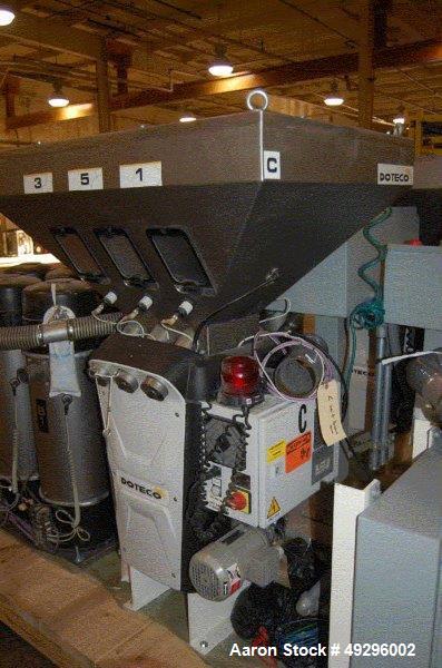 Used Doteco 6 Component Gravimetric Blending System, Model Grado, Type J60, Serial #24SN4903. Includes (6) receivers, operator controls, previously installed on 2.5″, extruder. New 2010. Blending sys...