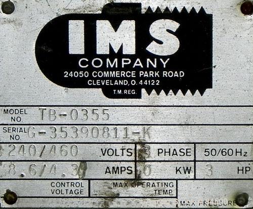 Used IMS Dual Drum Tumbler, Model TB-0355. Capacity (2) 55 gallon drums at 280 pounds per drum, minimum/maximum height 25" to 37", minimum/maximum diameter 21-1/2" to 33". Driven by a 3 hp, 3/60/208-...