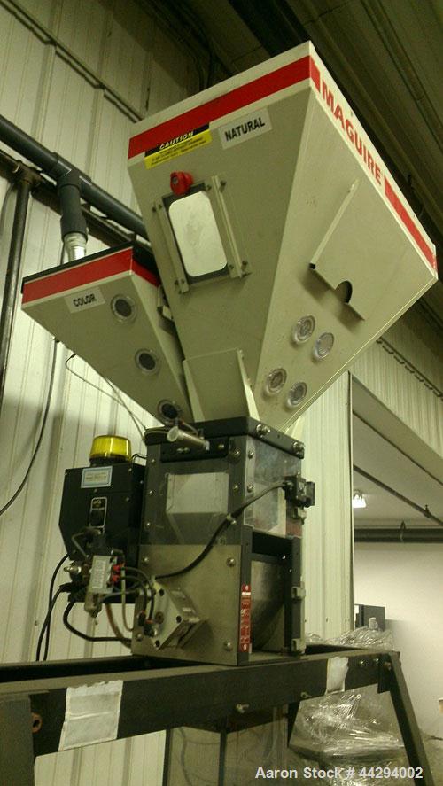 Used Maguire Products Weigh Scale Blender, Model WSB-140R, Carbon Steel. Maximum throughput 330-450 pounds an hour. Number of materials-4. Includes a Gaylord style stand. Built 2001.