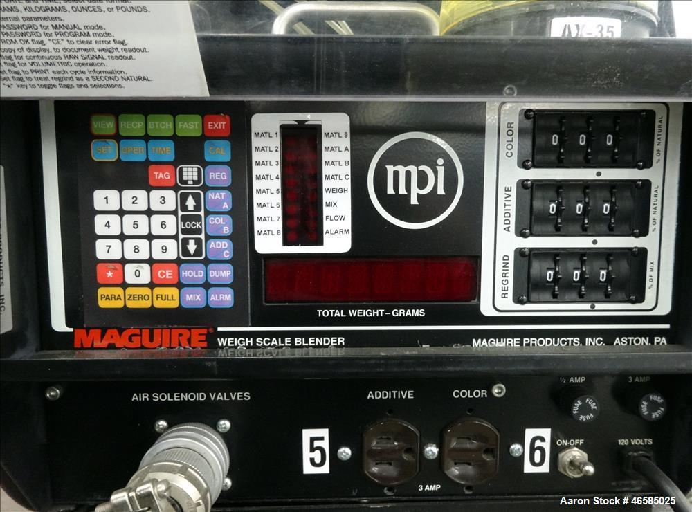 Used Maguire Weigh Scale Blender, Model WSB 940 Gravimetric Blender. Maximum throughput 2,645 lbs per hour to 3,200 lbs per hour. Includes hopper with 4 material compartments, Air operated slide gate...