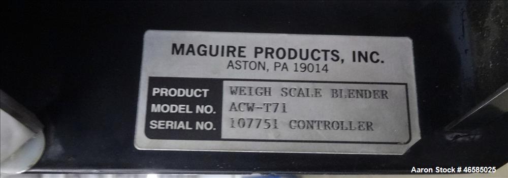 Used Maguire Weigh Scale Blender, Model WSB 940 Gravimetric Blender. Maximum throughput 2,645 lbs per hour to 3,200 lbs per hour. Includes hopper with 4 material compartments, Air operated slide gate...
