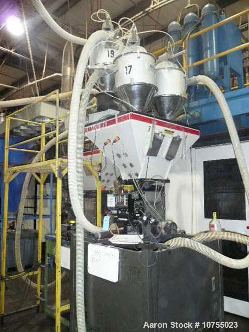 Used Maguire Model WSB240F 4 Component Blender. Up to 900 lbs/hour, 4 slide gates, hopper material level sensors, hopper site glasses, Gaylord gravity discharge into approximate 30 cubic foot materia...