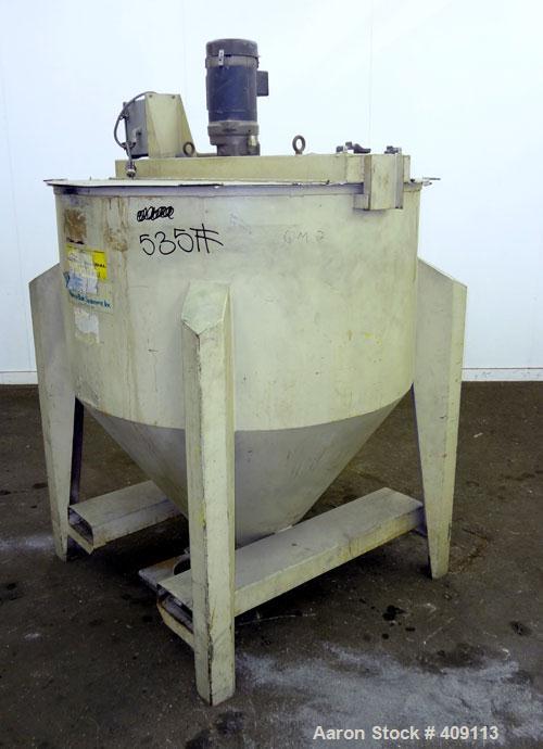 Used NBE Vertical Auger Mixer, Batch Capacity 350 Pounds, Approximate 10 Cubic Feet Capacity, Carbon Steel. 48" Diameter x 26" straight side x 36" coned bottom. (1) Internal screw driven by a 3/4hp, ...