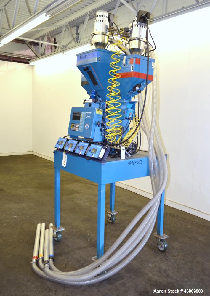 Used Novatec 4 Component NovaBlend 600 Gravimetric Blender System, 600 Pounds Per Hour Capacity. Consists of: (4) Compartments, (4) Novatec vacuum loaders, model VL5, (4) vacuum loader controllers, (...
