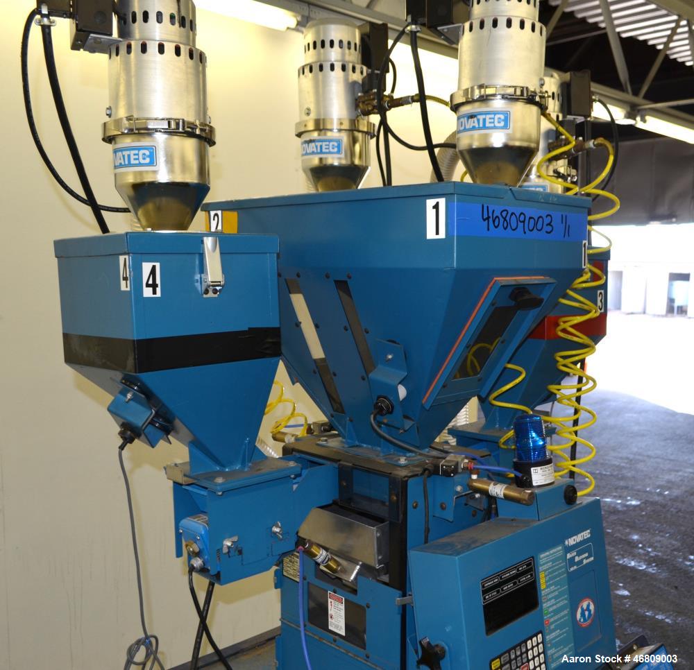 Used Novatec 4 Component NovaBlend 600 Gravimetric Blender System, 600 Pounds Per Hour Capacity. Consists of: (4) Compartments, (4) Novatec vacuum loaders, model VL5, (4) vacuum loader controllers, (...