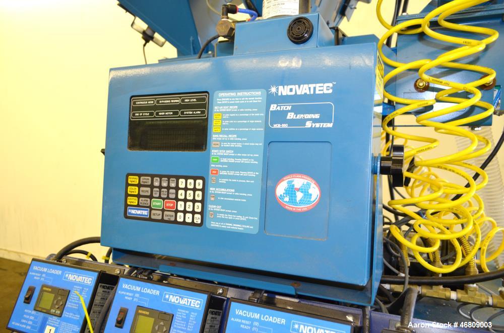 Used Novatec 4 Component NovaBlend 600 Gravimetric Blender System, 600 Pounds Per Hour Capacity. Consists of: (4) Compartments, (4) Novatec vacuum loaders, model VL5, (4) vacuum loader controllers, (...