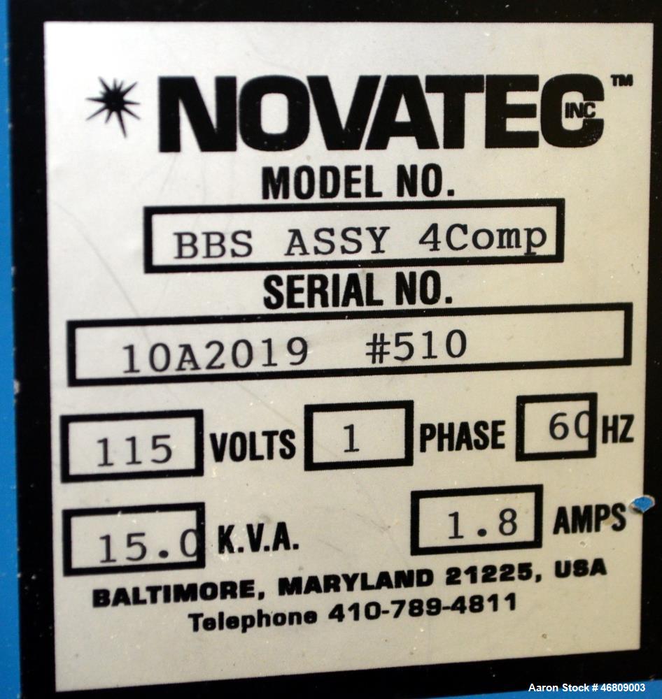 Used Novatec 4 Component NovaBlend 600 Gravimetric Blender System, 600 Pounds Per Hour Capacity. Consists of: (4) Compartments, (4) Novatec vacuum loaders, model VL5, (4) vacuum loader controllers, (...