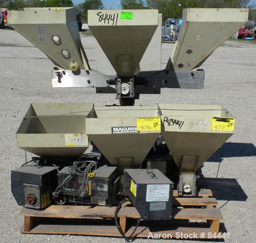 Used NuCon Systems Incorporated 3 Color Blending/Feeding System Consisting Of: (3) 16" x 16" Maguire hoppers with auger assemblies; (1) Maguire model MPM-18 pre-mixer rated up to 1,500 LB/HR, driven ...