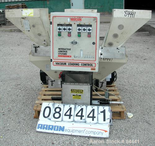 Used NuCon Systems Incorporated 3 Color Blending/Feeding System Consisting Of: (3) 16" x 16" Maguire hoppers with auger assemblies; (1) Maguire model MPM-18 pre-mixer rated up to 1,500 LB/HR, driven ...