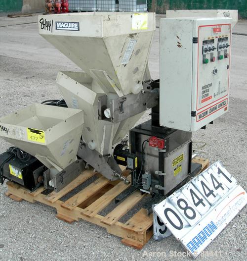 Used NuCon Systems Incorporated 3 Color Blending/Feeding System Consisting Of: (3) 16" x 16" Maguire hoppers with auger assemblies; (1) Maguire model MPM-18 pre-mixer rated up to 1,500 LB/HR, driven ...