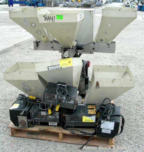 Used NuCon Systems Incorporated 3 Color Blending/Feeding System Consisting Of: (3) 16" x 16" Maguire hoppers with auger assemblies; (1) Maguire model MPM-18 pre-mixer rated up to 1,500 LB/HR, driven ...