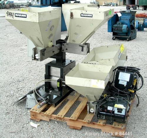 Used NuCon Systems Incorporated 3 Color Blending/Feeding System Consisting Of: (3) 16" x 16" Maguire hoppers with auger assemblies; (1) Maguire model MPM-18 pre-mixer rated up to 1,500 LB/HR, driven ...