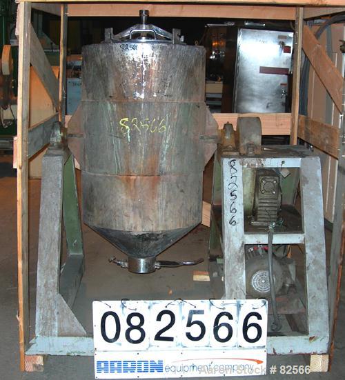 USED: Shinheung tumble mixer, model SHM. 70 gallon (9.3 cu ft) total capacity, 304 stainless steel. 24" diameter x 35" straight side x 12" coned bottom. Flat top with a 15" manway with cover, 4" cent...