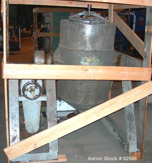 USED: Shinheung tumble mixer, model SHM. 70 gallon (9.3 cu ft) total capacity, 304 stainless steel. 24" diameter x 35" straight side x 12" coned bottom. Flat top with a 15" manway with cover, 4" cent...