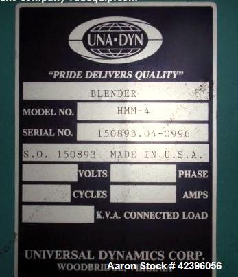 Used Unadyn Protec Hopper Loader Blender System Consisting Of: (1) Unadyn 4 compartment blender, model HMN-4, serial# 150893.04-0996, Unadyn Omni III E controls, (1) Unadyn Protec hopper, (1) Unadyn ...