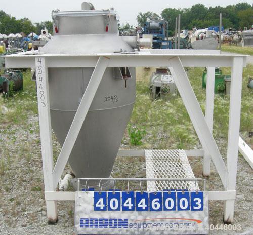 Used Vac-U-Max Hopper, 20 Cubic Feet, Model 105151, 304 Stainless Steel, Vertical. 36" diameter x 18" straight side x 23" coned bottom. 23" top opening with cover, 4 1/2" side inlet, approximate 10" ...