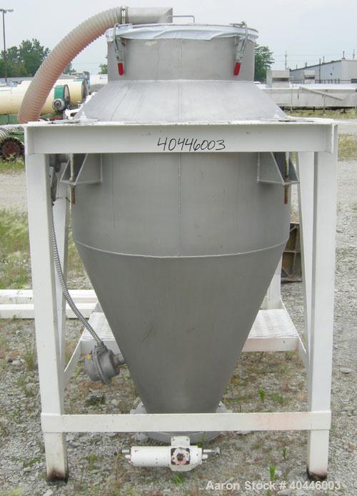 Used Vac-U-Max Hopper, 20 Cubic Feet, Model 105151, 304 Stainless Steel, Vertical. 36" diameter x 18" straight side x 23" coned bottom. 23" top opening with cover, 4 1/2" side inlet, approximate 10" ...