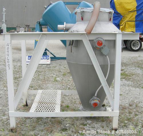 Used Vac-U-Max Hopper, 20 Cubic Feet, Model 105151, 304 Stainless Steel, Vertical. 36" diameter x 18" straight side x 23" coned bottom. 23" top opening with cover, 4 1/2" side inlet, approximate 10" ...