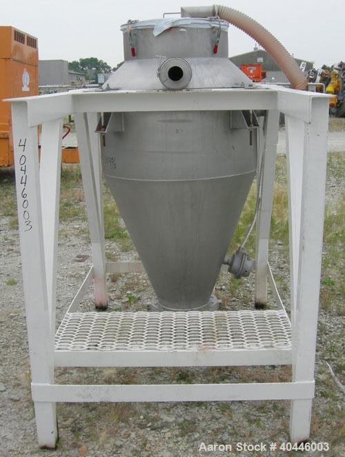 Used Vac-U-Max Hopper, 20 Cubic Feet, Model 105151, 304 Stainless Steel, Vertical. 36" diameter x 18" straight side x 23" coned bottom. 23" top opening with cover, 4 1/2" side inlet, approximate 10" ...