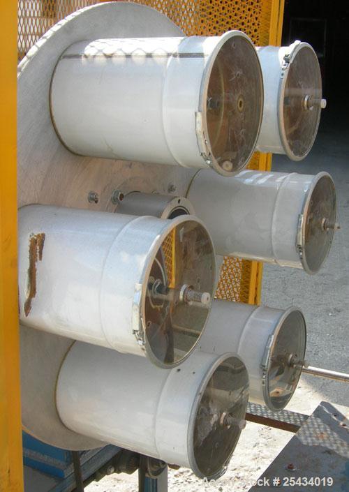Used Hose Reinforcement Station.  (2) 6 can stations.  Both driven by a 2 hp, 180 volt, 2500 rpm DC motor.  Includes a control panel.  Mounted on a frame.