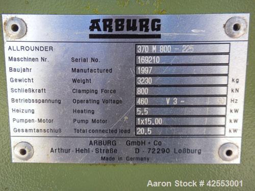 Used Arburg Allrounder Injection Mold Machine, model 370 M 800-225, 81.5 ton (800 Kn) clamping force. Approximate 4.27 ounce shot. Opening stroke maximum 500mm (19.6’’), mould installation height min...