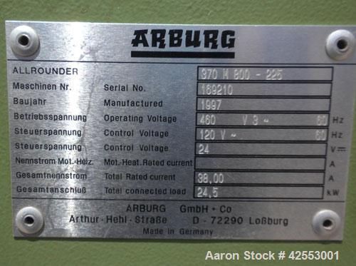 Used Arburg Allrounder Injection Mold Machine, model 370 M 800-225, 81.5 ton (800 Kn) clamping force. Approximate 4.27 ounce shot. Opening stroke maximum 500mm (19.6’’), mould installation height min...