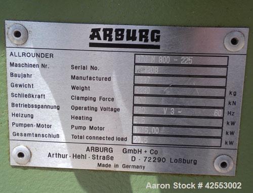 Used Arburg Allrounder Injection Mold Machine, model 370 M 800-225, 81.5 ton (800 Kn) clamping force. Approximate 4.27 ounce shot. Opening stroke maximum 500mm (19.6’’), mould installation height min...