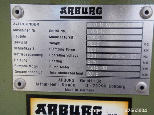 Used Arburg Allrounder Injection Mold Machine, model 370 M 800-225, 81.5 ton (800 Kn) clamping force. Approximate 4.27 ounce shot. Opening stroke maximum 500mm (19.6’’), mould installation height min...