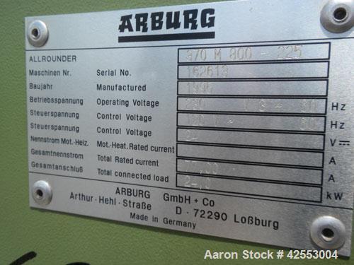 Used Arburg Allrounder Injection Mold Machine, model 370 M 800-225, 81.5 ton (800 Kn) clamping force. Approximate 4.27 ounce shot. Opening stroke maximum 500mm (19.6’’), mould installation height min...