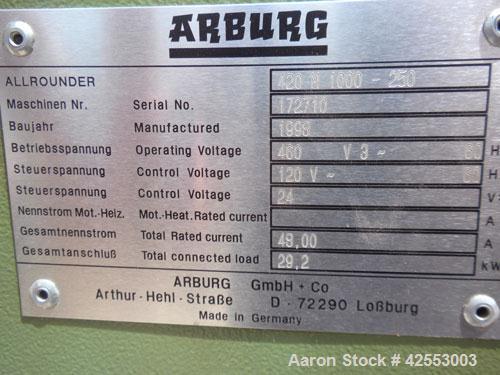 Used Arburg Allrounder Injection Mold Machine, model 420 M 1000-250, 101.9 ton (1000 Kn) clamping force. Approximate 4.27 ounce shot. Opening stroke maximum 500mm (19.6’’), mould installation height ...