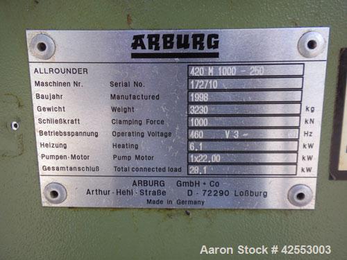 Used Arburg Allrounder Injection Mold Machine, model 420 M 1000-250, 101.9 ton (1000 Kn) clamping force. Approximate 4.27 ounce shot. Opening stroke maximum 500mm (19.6’’), mould installation height ...