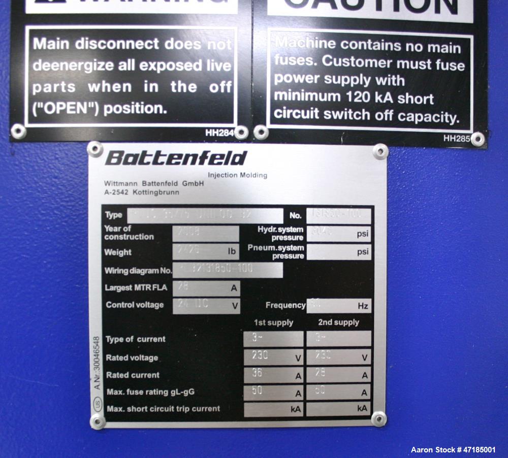 Used Battenfeld Injection Molding Machine, Model 35/75. B2 Controls, 18MM screw diameter, 1/2" nozzle radius. 230V/3/60 main electric motor. Euromap platens, manual mechanical ejector coupling, mecha...