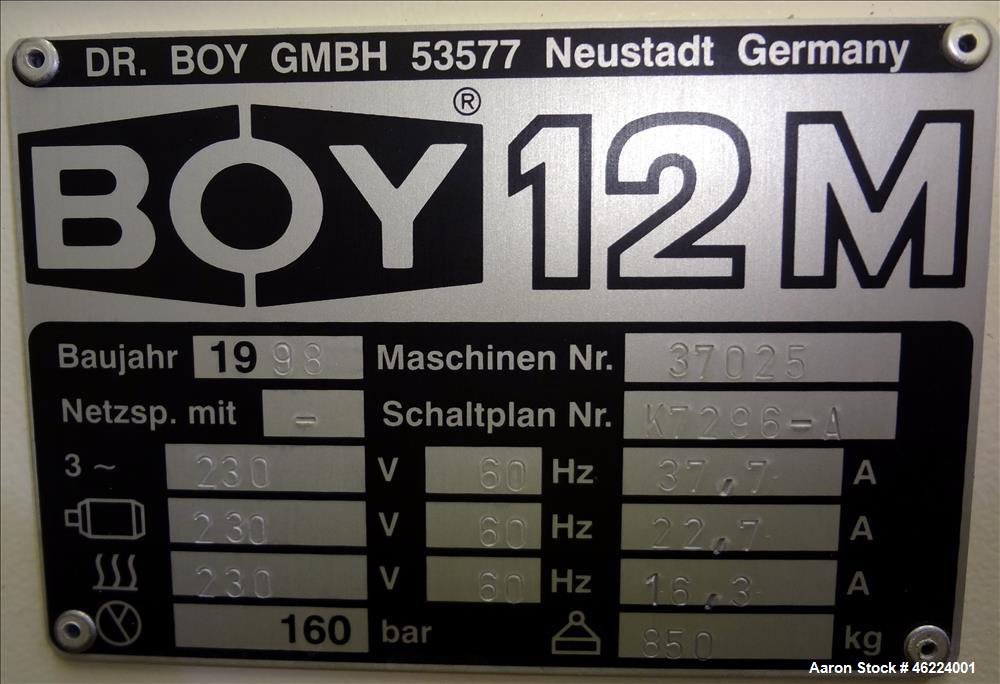 Used Boy Injection Molder, Model 12M. Approximate 13 tons. 160 BAR. Distance Between Tie Bars 259mm. Tie Bar Diameter 35mm. Maximum Plate Distance 300mm. Minimum Plate Distance 100mm. Screw Diameter ...